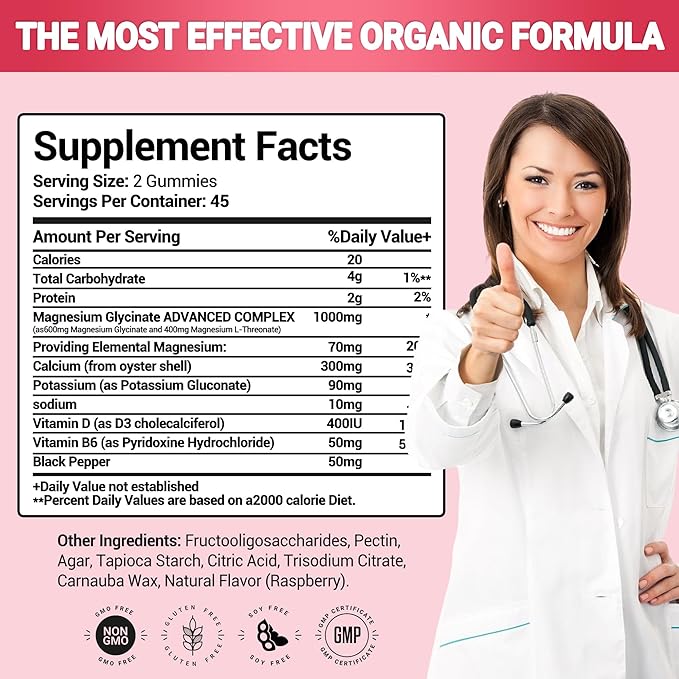 Magnesium Glycinate Gummies 1000 mg Sugar Free,High Absorption Calcium Magnesium Supplement,Vegan,Non GMO,Gelatin Free,Calm Mood,Sleep,Boosts Energy Support for Adults,90 Raspberry Gummies