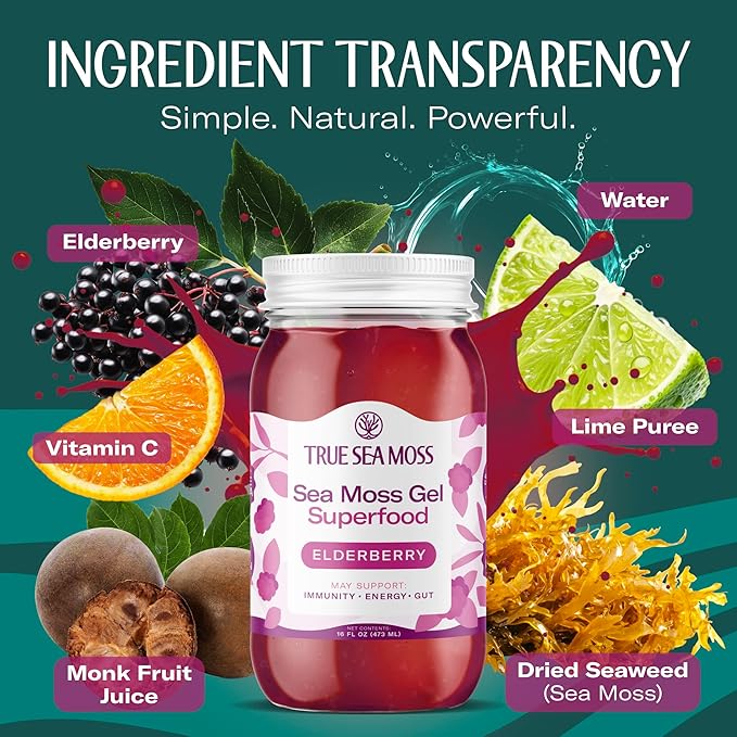 Sea Moss Gel – Made in USA – Wildcrafted Seamoss, Fresh Fruits & Sea Vegetables – Elderberry, Pack of 3 (Labels may Vary)