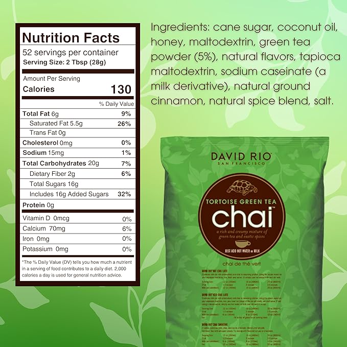 David Rio Tortoise Green Tea Chai Tea Latte Mix, 64 Oz, Green Tea, Organic Spices, Dairy Free, Serve Hot or Cold, Just Add Water or Milk, 52 Servings, Perfect for Food Service