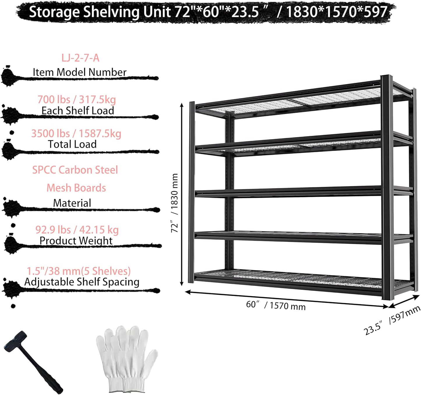 Standing Shelf Units Heavy Duty Storage Rack 3250LBS Industrial Wire Mesh Shelving Double Layer Support Floor Mount Black for Warehouse Basement Garage 72" H x 60" W x 23.5" D 5-Tier