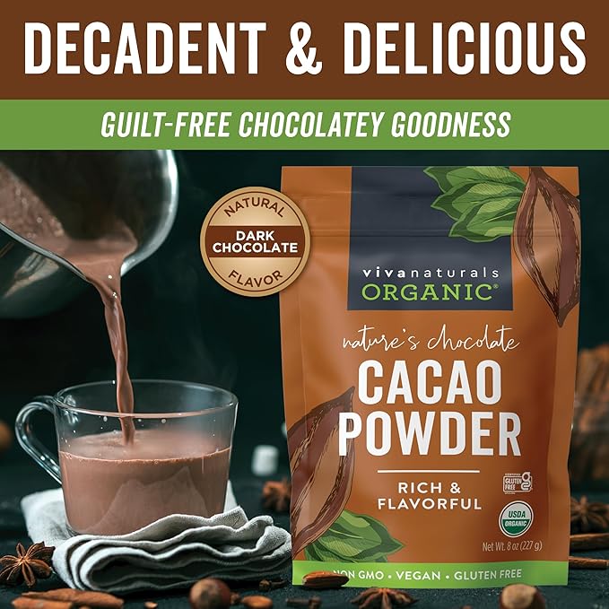 Viva Naturals Organic Cacao Powder, 8 oz - Unsweetened Cocoa Powder With Rich Dark Chocolate Flavor, Perfect for Baking & Smoothies - Certified Vegan, Keto & Paleo, Non-GMO & Gluten-Free, 227 g