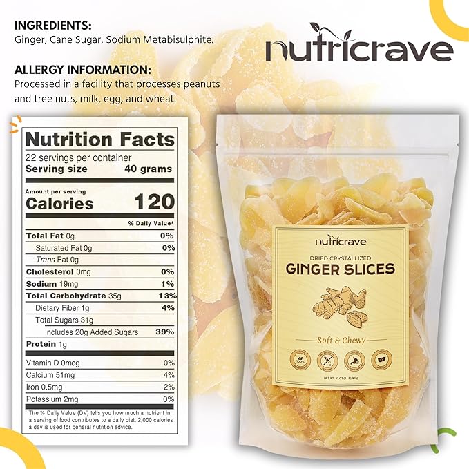 Crystallized Ginger Slices – 2lb Bag Candied Ginger Snack for Baking & Digestive Support – Vegan, Non-GMO, Resealable