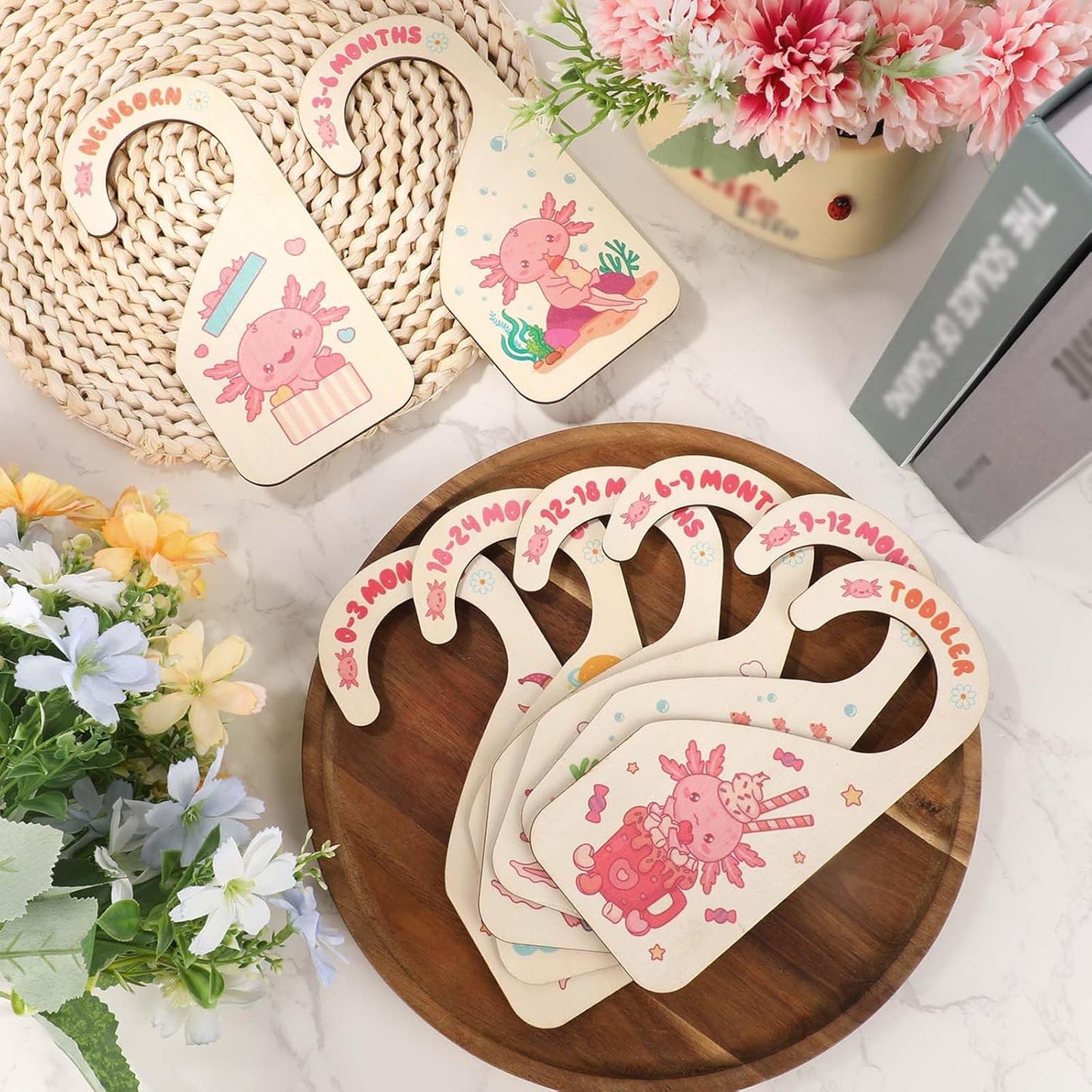 8pcs Baby Closet Dividers, Wooden Baby Wardrobe Organizer Newborn to 24 Months Axolotl-Themed Design Nursery Decor Double-Sided Nursery Hanger Dividers for Home Decor