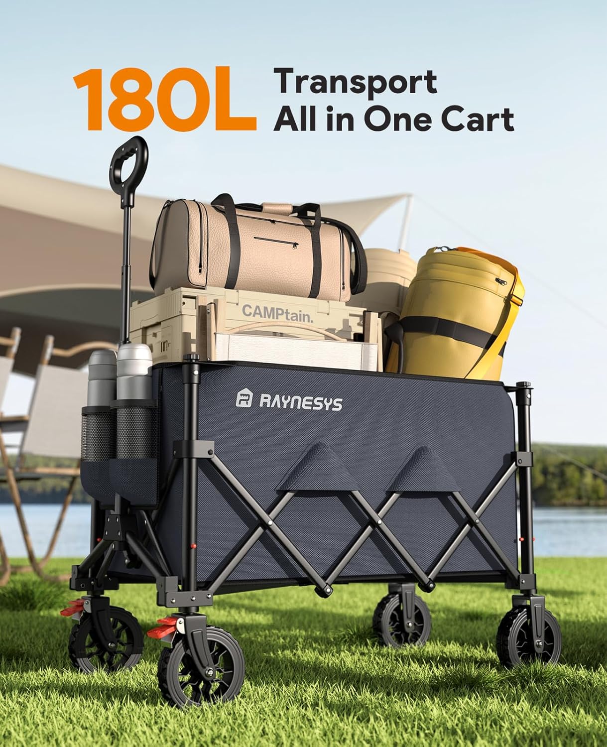 Wagons Carts Foldable, Collapsible Foldable Wagon 330lbs Capacity, 180L Large Capacity Wagon with All-Terrain Wheels,Heavy Duty Utility Wagon Cart with Brakes for Beach Camping Shopping, Grey