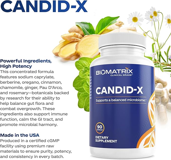 BioMatrix Candid-X Gut Cleanse with Berberine, Oregano, Sodium Caprylate, Chamomile, Ginger, PAU D'arco, Digestive Supplement for Men and Women | 90 Capsules