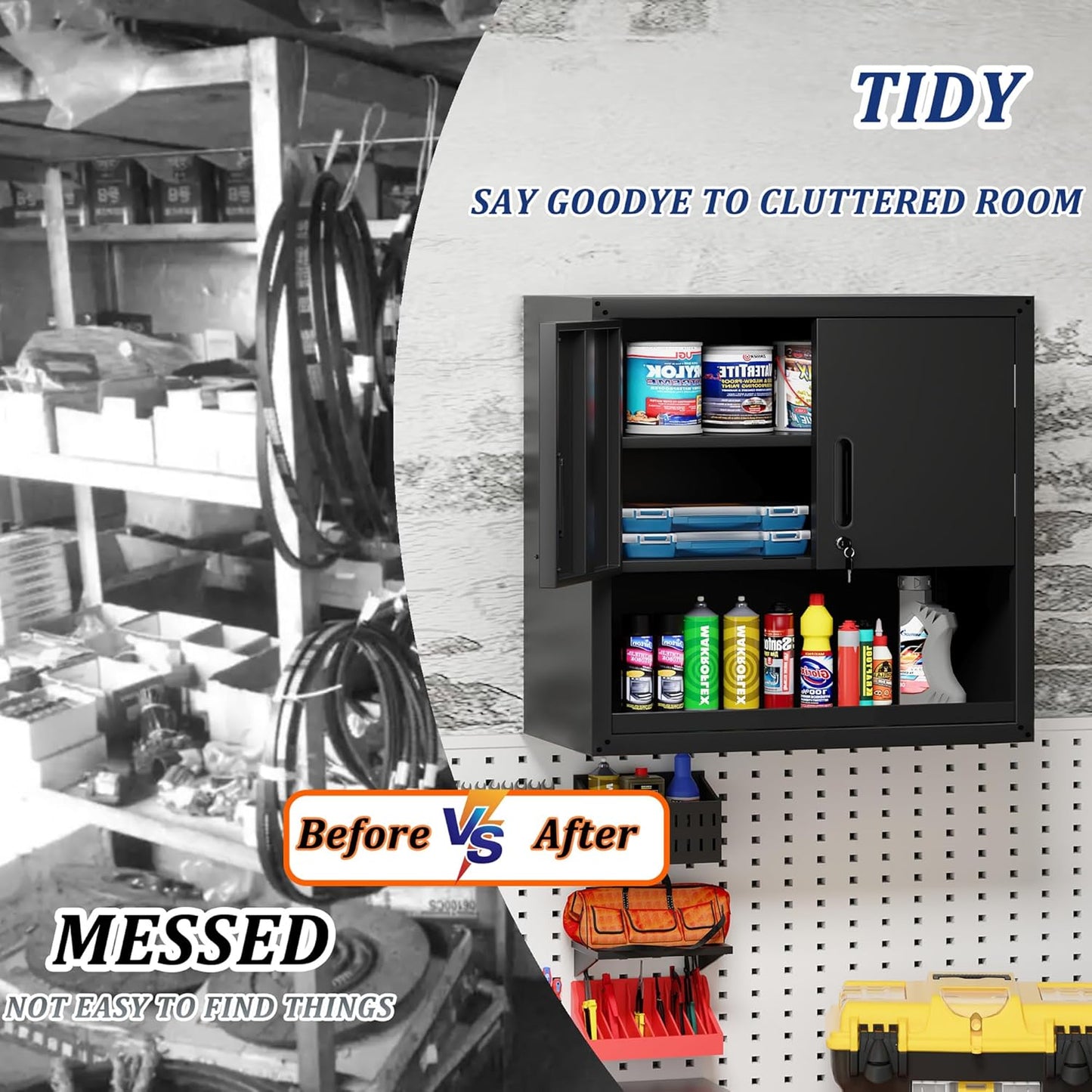 Metal Wall Cabinet, Garage Wall Cabinet with Adjustable Shelf for Garage, Tool Room, Kitchen, Assembly Required(Black)