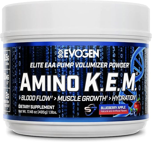 Evogen Amino K.E.M. - EAA & BCAA Powder Pump Volumizer | BCAAs Amino Acids Supplement for Blood Flow, Muscle Growth, & Hydration | Blueberry Apple | 30 Servings