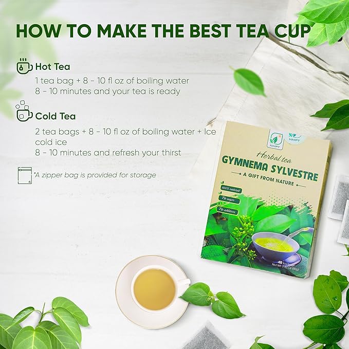 NMPT Dried Gymnema Sylvestre Leaf Tea, Celastrus Hindsii, 100% Hand Pick, Organic Herbal Tea, 40 Count, Freeze Drying, Gluten Free, Dairy Free, No Sugar Added, Energy Boost & Health Support