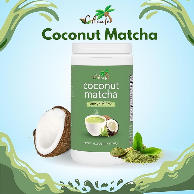 CAcafe Coconut Matcha - Instant Japanese Health Drink - Creamy & Sweet - Hot or Iced Green Tea Latte Mix - New Look, Reduced Sugar - Non-GMO - No Artificial Flavors or Colors | 6-Pack