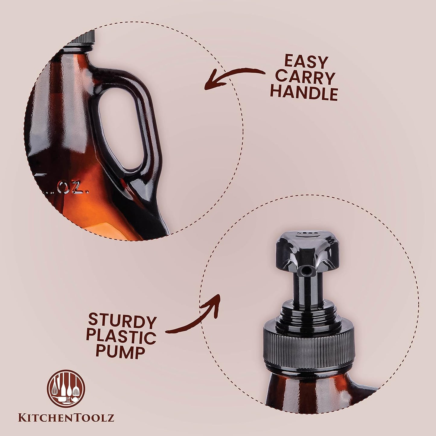 Large Amber Pump Bottle for Salons, Shampoo, Conditioner, Hair Serum, Gel - Half Gallon Glass Jug Pump Dispenser - 64 oz Capacity - Pack of 1- by Kitchentoolz