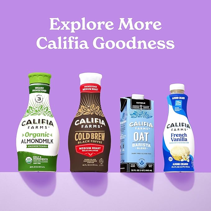 Califia Farms – Vanilla Oat Barista Blend Oat Milk, 32 Oz (Pack of 6), Shelf Stable, Dairy Free, Plant Based, Vegan, Gluten Free, Non GMO, Milk Frother, Creamer, Blue