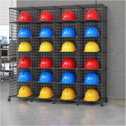 Stackable Safety Helmet Storage Boxes, Large Adjustable Hard Hat Placement Organizer Rack,with Wheels,for Construction Site/Garage/Workshop/Factory Helmet Display Shelf (Black, 24 Grids-4 * 6)