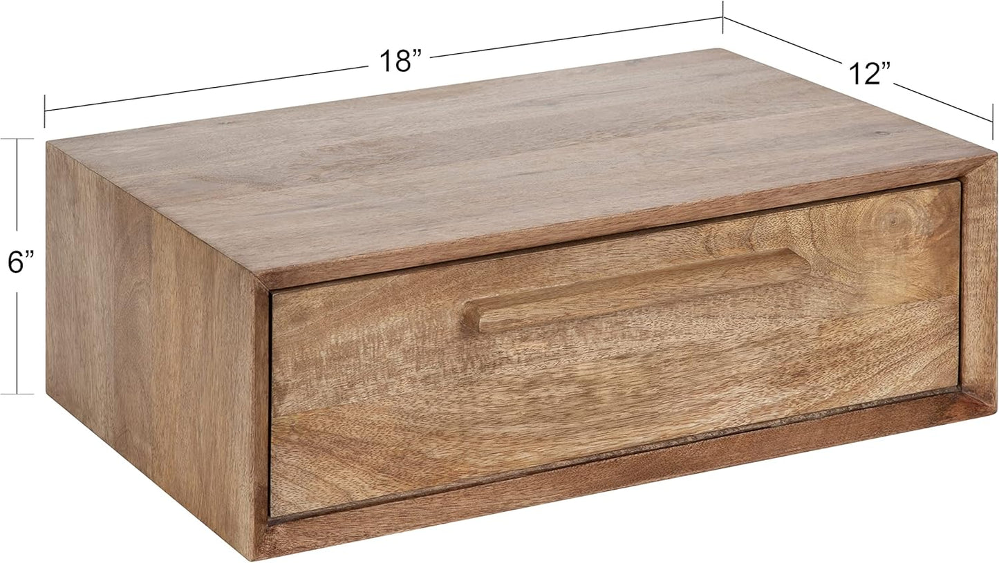 Kate and Laurel McCutcheon Floating Wood Storage Shelf, 18 x 12 x 6, Natural Wood, Decorative Transitional Floating Bedroom Nightstand with a Concealed Cubby Compartment