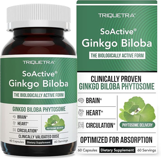 SoActive Ginkgo Biloba with GinkgoSelect® Phytosome | Clinically Studied Enhanced Absorption for Brain, Heart & Memory Support – 180 mg – Helps Maintain Circulation & Cognitive Health (60 Capsules)
