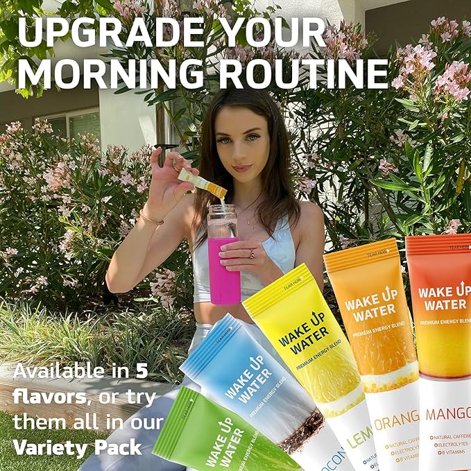 Wake Up Water - Energy + Hydration Sugar Free 15 Packs, Mango Flavor - Energy Drink Powder, Electrolytes Powder Drink, Natural Caffeine Mix Packet, B Vitamins, 5 Calories, Gluten Free - .10 oz (2.9g)