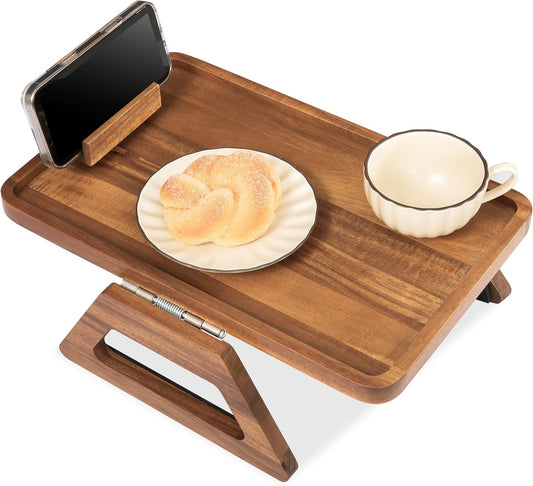 Acacia Wood Arm Table (15.35" D x 9.8" W x 5.7" H), Couch Arm Tray for TV Dinners, Remote, Foldable Armrest Organizer, Rectangular Sofa Armrest Tray - Natural
