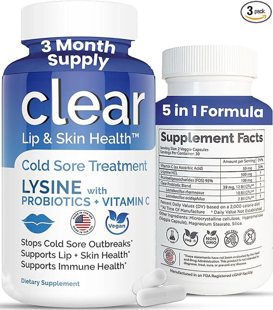 Lysine Cold Sore Treatment for Lips – with Lactobacillus Rhamnosus, Acidophilus and Vitamin C – Cold Sore Supplement for Lip & Skin Health, Immune Support & Prevention – 180 Capsules