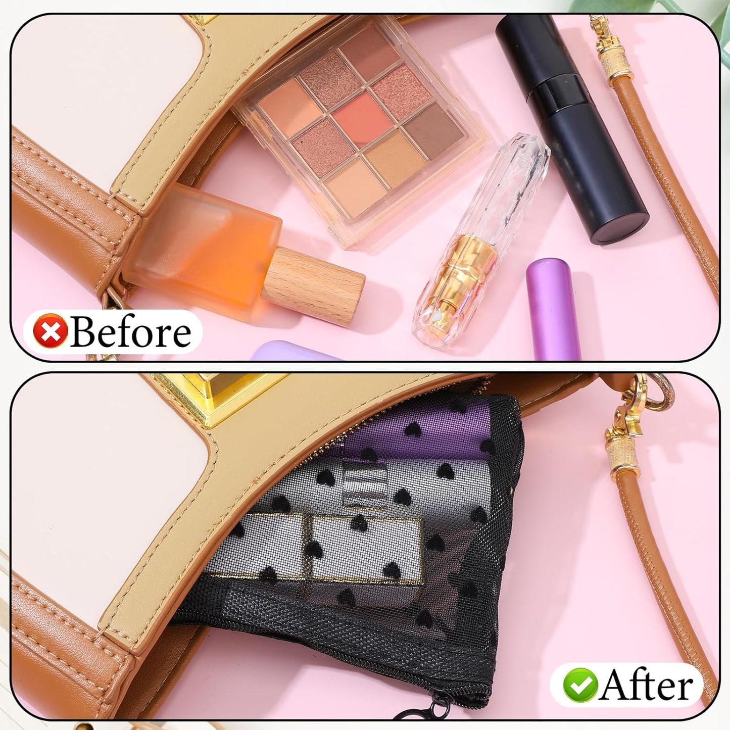 4 PCS Heart Printed Mesh Makeup Bag Set, White & Black Mesh Makeup Bag with Zipper Lipstick Accessories Organizer Mini Travel Organizer Bags for Women(2 Small 2 Medium)