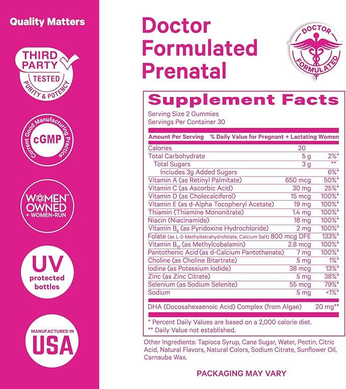 Pink Stork Premium Prenatal Gummy Vitamins with DHA, Folate, and Vitamin D - 60 Vegan Gummies - 2 Pack