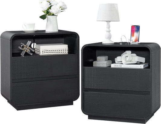 Black Curved Nightstand Set of 2 with Charging Station, 23.2" Wide Wood Bedside Table 2 Storage Drawers, Modern Side Table Handleless, Large End Table Night Stand for Bedroom