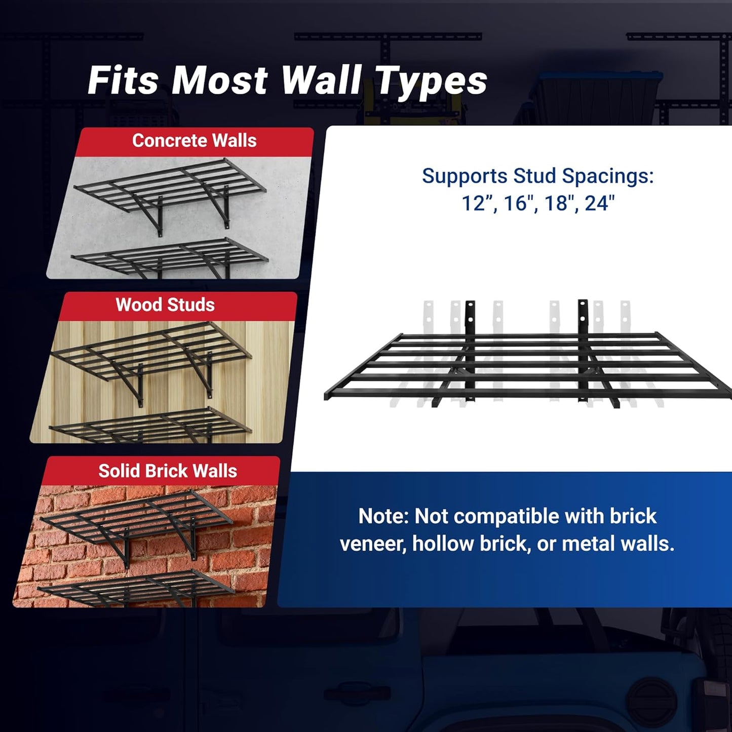 FLEXIMOUNTS 2-Pack 2x4ft Heavy Duty Garage Wall Shelving, 800lbs Capacity, Garage Shelving Wall Mounted with 8 Hooks for Power Tools, Garden Supplies, Storage Bins, Pro Series