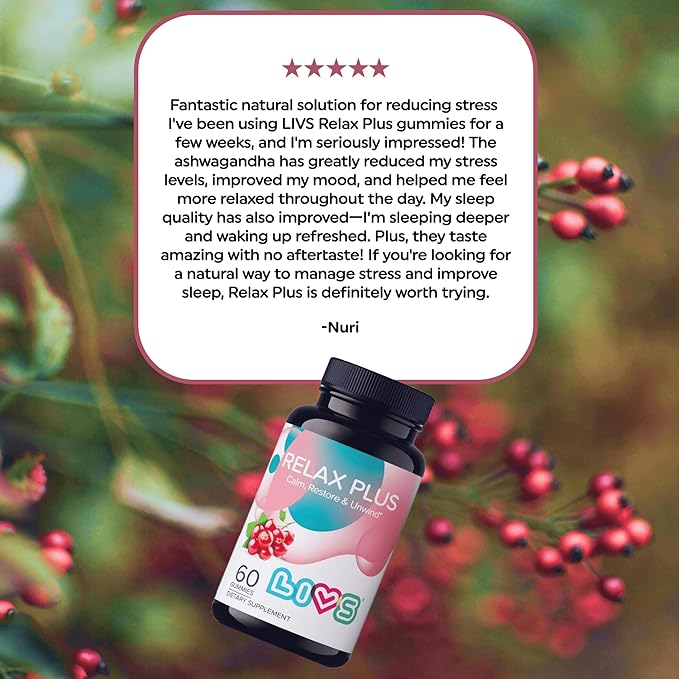 Relax Plus Ashwagandha Gummies for Adults & Kids | Stress Relief & Calm Support with GABA, Lemon Balm & L-Glutamine | Enhance Mood & Cognition - Vegan, Gluten Free | Pomegranate Flavor - 90 ct