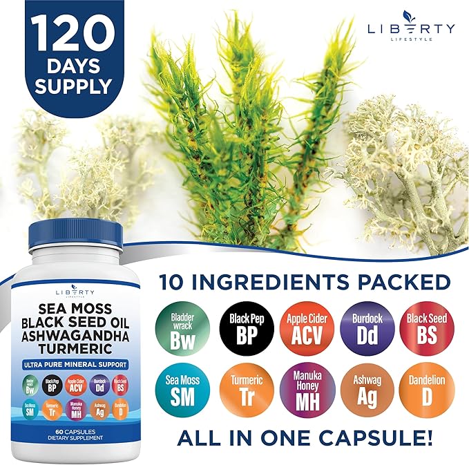 Sea Moss Black Seed Oil Ashwagandha Turmeric Bladderwrack Burdock - with Manuka, Honey Dandelion, ACV Black Pepper Gluten Free - 1-Pack