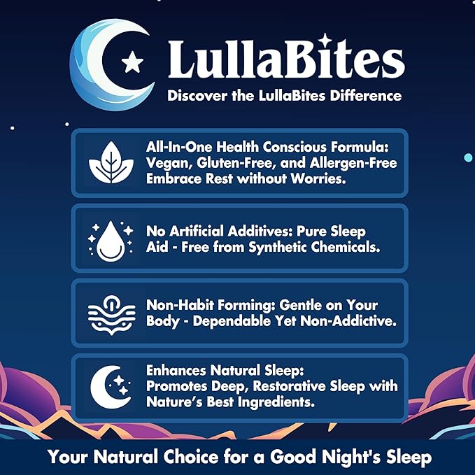 LullaBites - Natural Sleep Gummies - Made in USA - With 5-HTP, L-Theanine, Magnesium & Valerian Root - Melatonin Free - Vegan - Halal - Sugar, Gluten Free - Sweet Strawberry - 60 Gummies - 30 Servings
