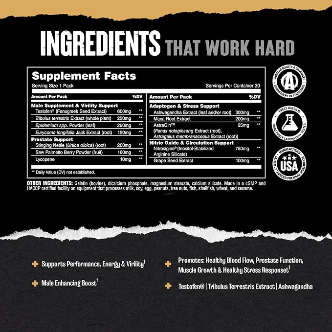 Animal TNT+ Mens Supplement - Nitric Oxide Booster, Prostate Health Supplements for Men, Stress Support with Adaptogens, Fenugreek, Tribulus Terrestris, Ashwagandha, Maca Root, Panax Ginseng, 30 Packs