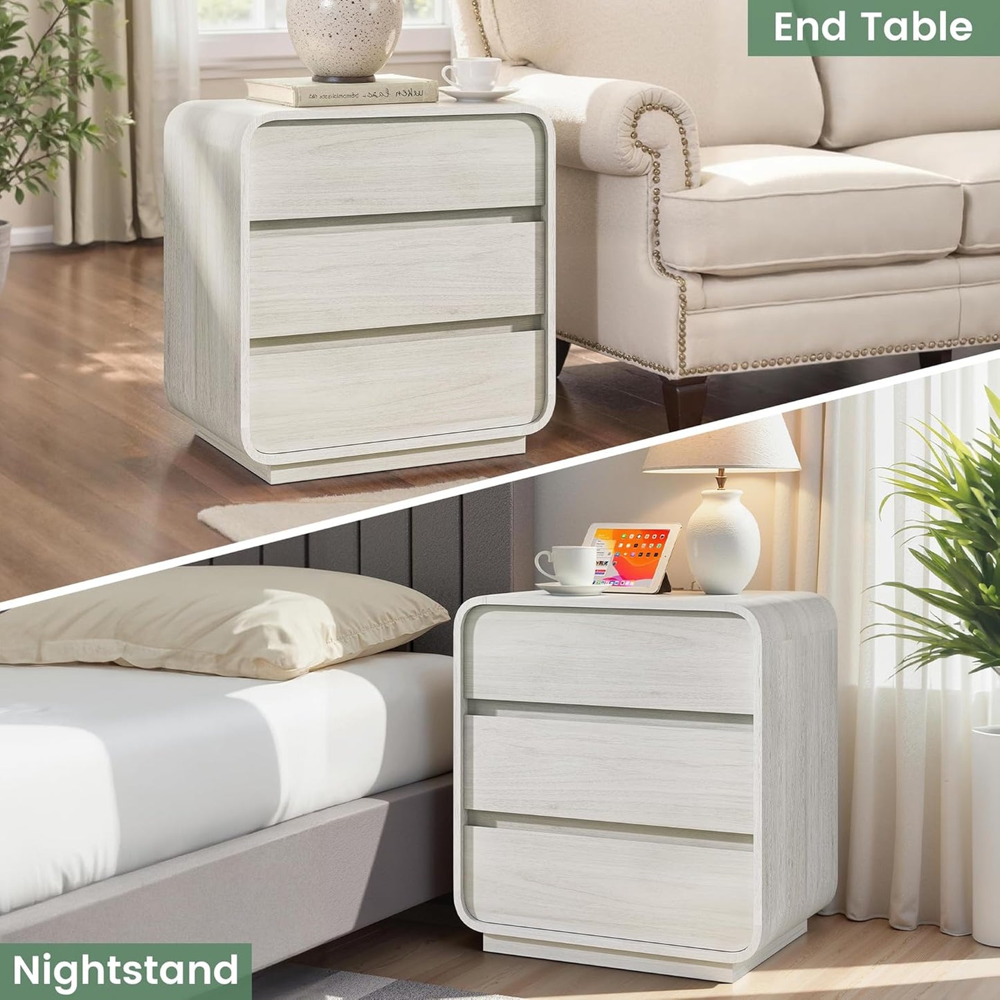 White Nightstand Set of 2 with Charging Station, 23.2" Wide Wood Night Stand, Modern Bedside Table with 3 Storage Drawers, Curved Profile, Mid Century End Table for Bedroom Office