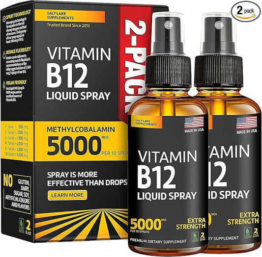 (2 Pack) - Liquid B12 Spray 5000 mcg - Vitamin B12 Sublingual - Vegan B12 Vitamin Spray - Methylcobalamin Vitamin B12 Liquid Boosts Energy & Mood - Gluten-Free & Non-GMO