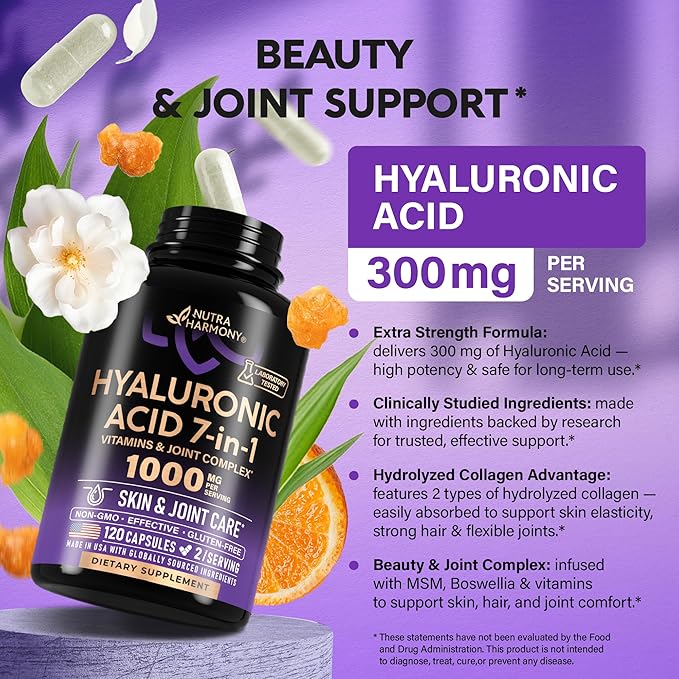 Hyaluronic Acid Supplements 1000 mg - Collagen | MSM | Boswellia | Vitamin D3, C & E - Hyaluronic Acid Capsules - Skin Hydratation & Joint Comfort Support - 7-in-1 Complex - Made in USA - 120 Capsules