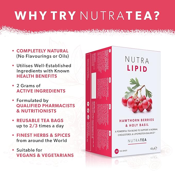 NUTRALIPID - Lipid Management Tea | Cholesterol Tea - Support Cholesterol Levels and Heart Health – Includes Red Yeast Rice, Hawthorn Berry & Garlic - 20 Enveloped Tea Bags - by Nutra Tea - Herbal Tea
