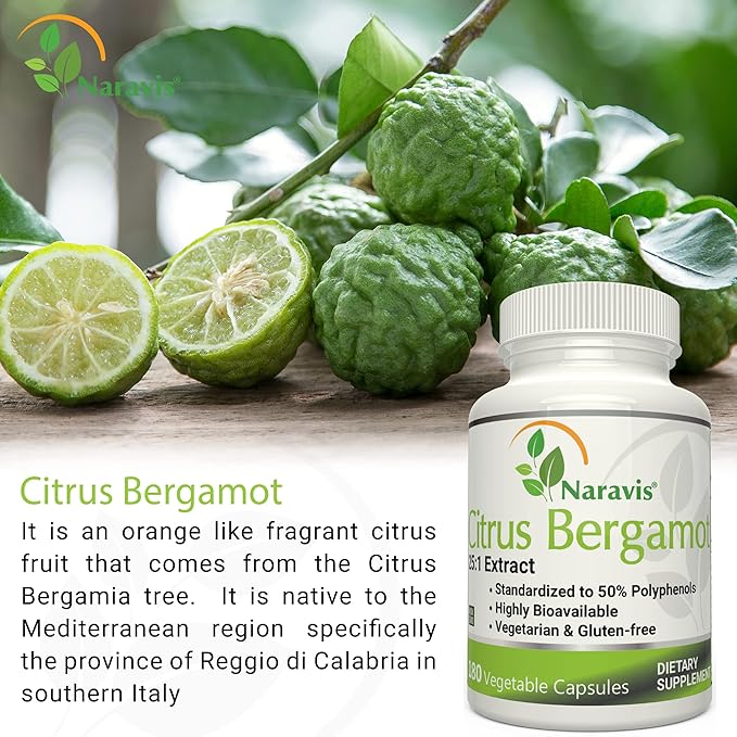 Citrus Bergamot Extract - 180 Capsules - 25:1 Extract - 50% Polyphenols - Black Pepper for Enhanced Absorption - Cholesterol lowering Supplements - Polyphenols Supplement