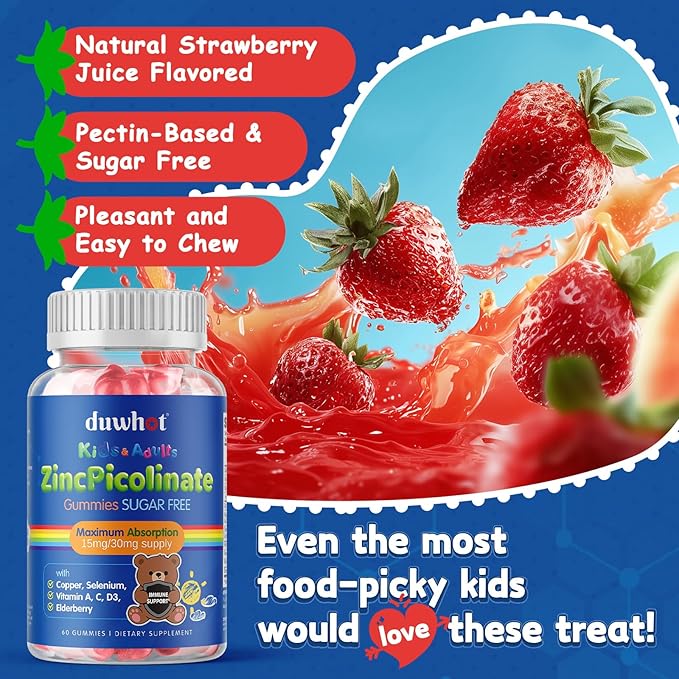 Zinc Picolinate 30mg / 15mg Gummies, High Absorption Zinc Supplements with Copper, Selenium, Elderberry, for Kids Growth, Teens Skin, Immune Health, Sugar Free, 60 Gummies