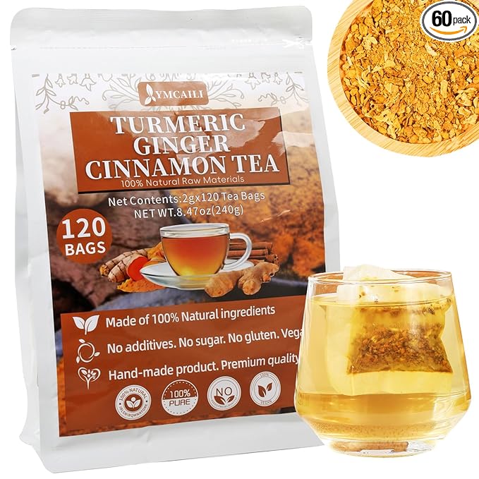 120 Premium Turmeric Ginger Cinnamon Tea Bags, 100% Natural Herbal Blend, Supports Digestion & Immune Health, No Sugar, No Caffeine, No Additives, Vegan, Premium Ingredients