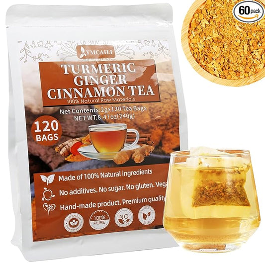 120 Premium Turmeric Ginger Cinnamon Tea Bags, 100% Natural Herbal Blend, Supports Digestion & Immune Health, No Sugar, No Caffeine, No Additives, Vegan, Premium Ingredients