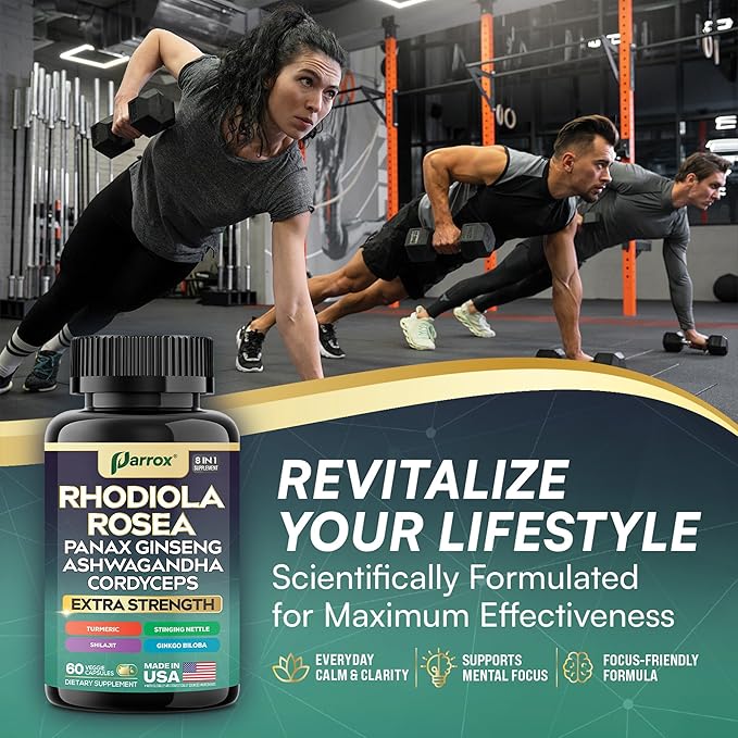 Rhodiola Rosea Panax Ginseng Ashwagandha Cordyceps Mushroom Turmeric Ginkgo Biloba Stinging Nettle Adaptogen Blend Supplement Capsules for Daily Wellness Support (2 Pack)