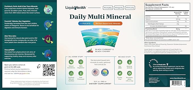 LIQUIDHEALTH Daily Multi Mineral Liquid Supplement with Fulvic Acid, Plant Based Ionic Aquamin Sea Trace Ocean Minerals - Immune Support, Energy, Gut Health, Detox - Made in USA, Vegetarian (3 Pack)