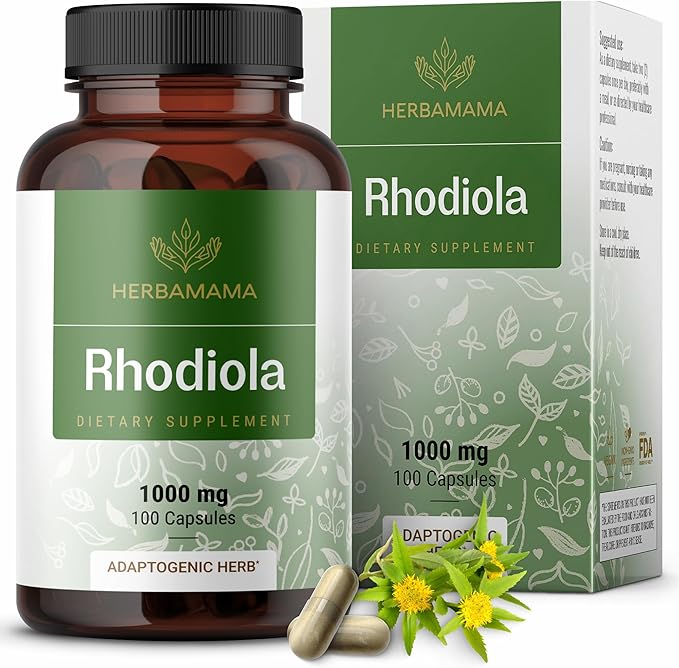 HERBAMAMA Rhodiola Rosea Supplement Capsules - 1000mg Rhodiola Rosea Extract for Relaxation, Focus & Brain Support - Vegan, Non-GMO Calming Supplement for Adults, 100 Caps