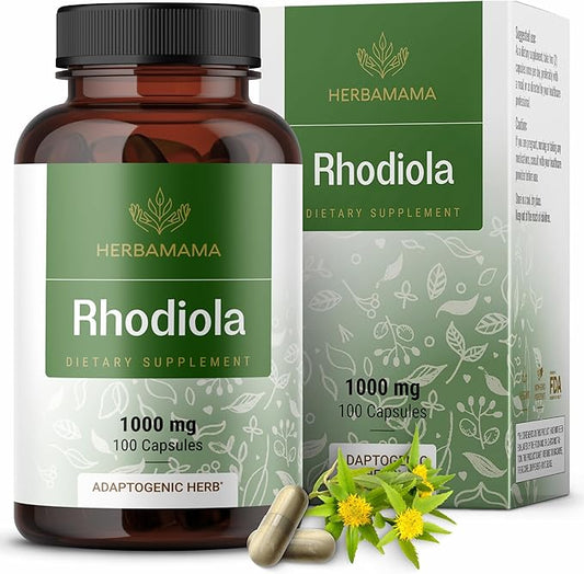 HERBAMAMA Rhodiola Rosea Supplement Capsules - 1000mg Rhodiola Rosea Extract for Relaxation, Focus & Brain Support - Vegan, Non-GMO Calming Supplement for Adults, 100 Caps