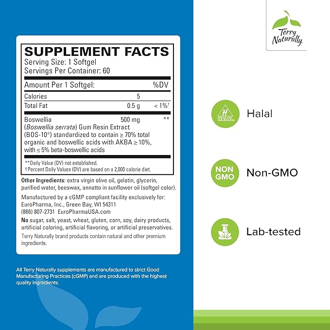 Terry Naturally BosMed 500 - Boswellia Serrata Extract Supplement - Dietary Supplement for Healthy Lung Support - Herbal Supplement Formula - 60 Softgels
