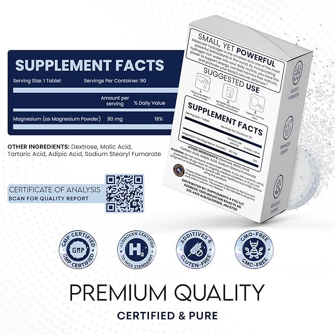 60 Count, Hydrogen Water Tablets with Molecular H2-12 PPM Hydrogen Tablets for Drinking Water - Rich in Antioxidants, Supports Cellular Health, Recovery & Cognitive Function, Unflavored
