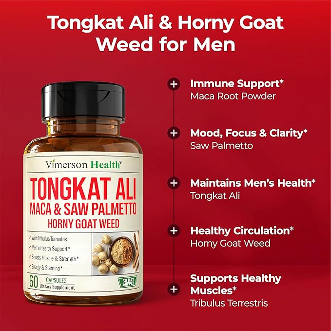 Maca Root, Saw Palmetto & HornyGoatWeed For Men – Tongkat Ali and Panax Ginseng Supplement for Energy, Drive & Strength – Workout Supplement For Men with Tribulus Terrestris & L-Arginine – 60 Capsules