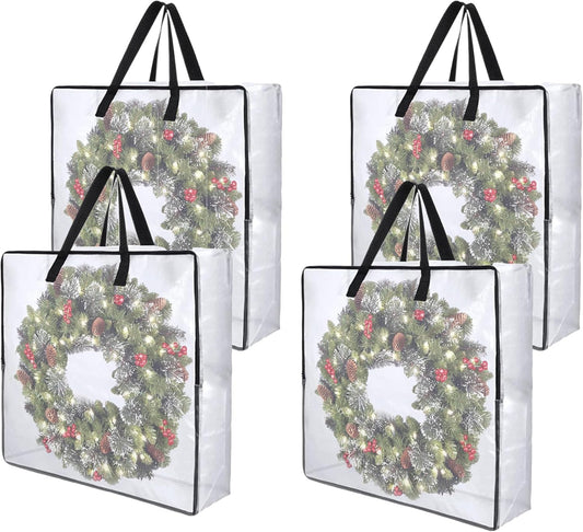 4 Pack Wreath Storage Bag, 26 Inches 90 L Wreath Storage Container, Reinforced Handles & Smooth Zippers, Foldable Large Storage Bags for Christmas/Seasonal Wreaths, Clothing, Bedding, Blankets, Toys