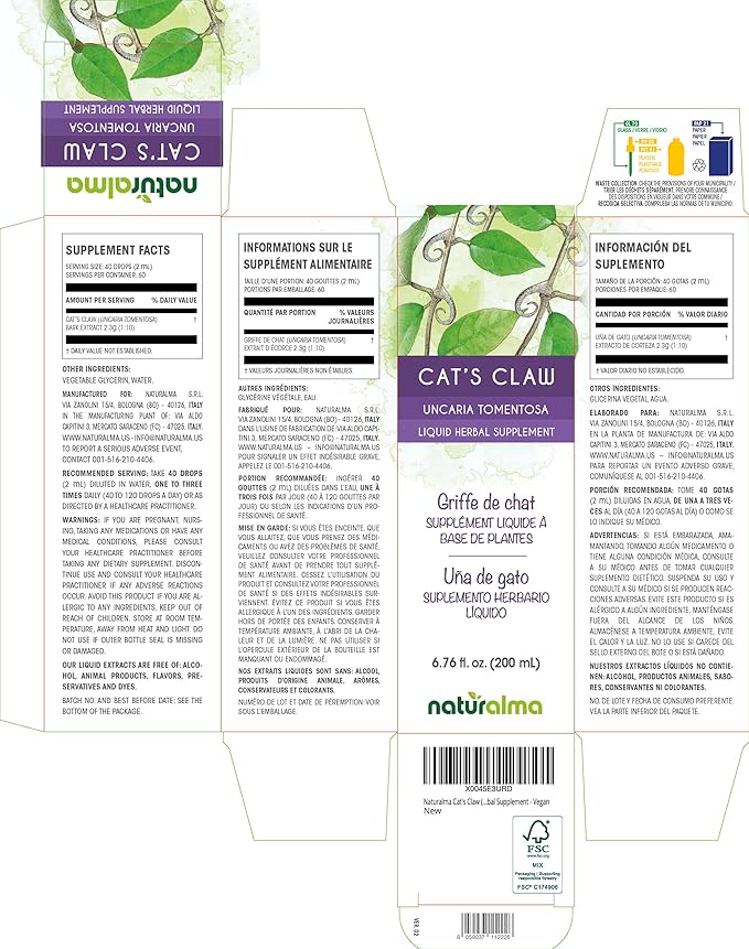 Naturalma Cat's Claw (Uncaria tomentosa) bark Alcohol-Free Tincture - 6.76 fl oz Liquid Extract in Drops - Herbal Supplement - Vegan