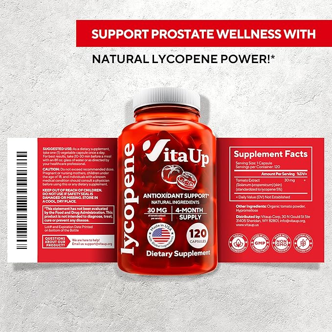 Lycopene Supplements for Men - USA Made Prostate Supplements for Men with Natural Tomato Extract - Non-GMO Lycopene Supplement for Prostate, Skin & Antioxidant Support - 120 Count