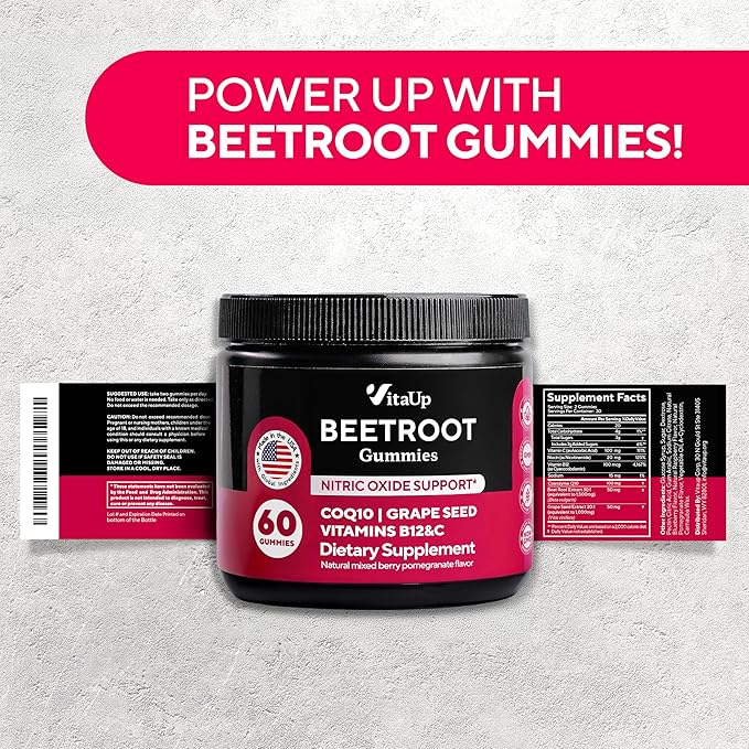 Beet Root Gummies – Beet Gummies – Red Beets Supplements with Beetroot, Grape Seed, Coq10, Vitamin C & B12 – 60 Beet Chews