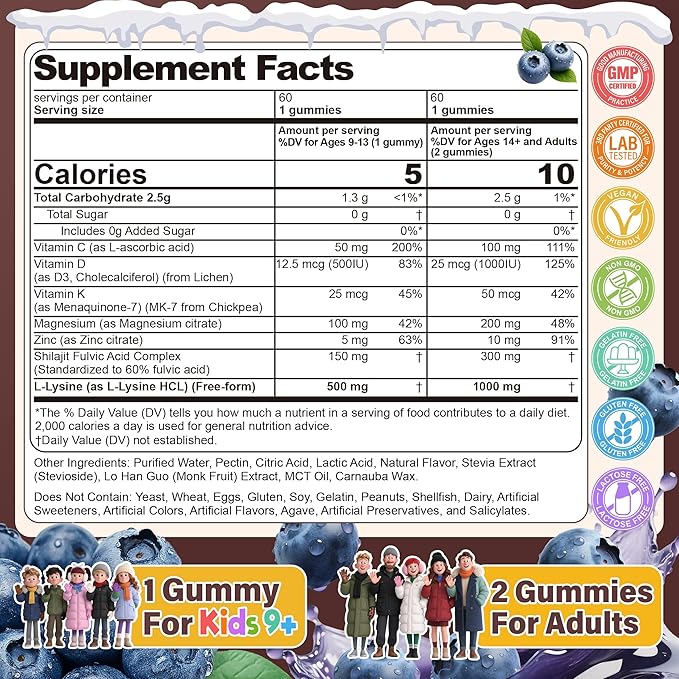 L-Lysine 1000mg/500mg Cold Sore Gummies for Adults & Kids 9+ | w/Vitamin D3, K2, C, Zinc & Magnesium | Chewable Lysine Gummy Amino Acid Supplements for Lips, Immune & Bone Health, Sugar Free, 120Cts