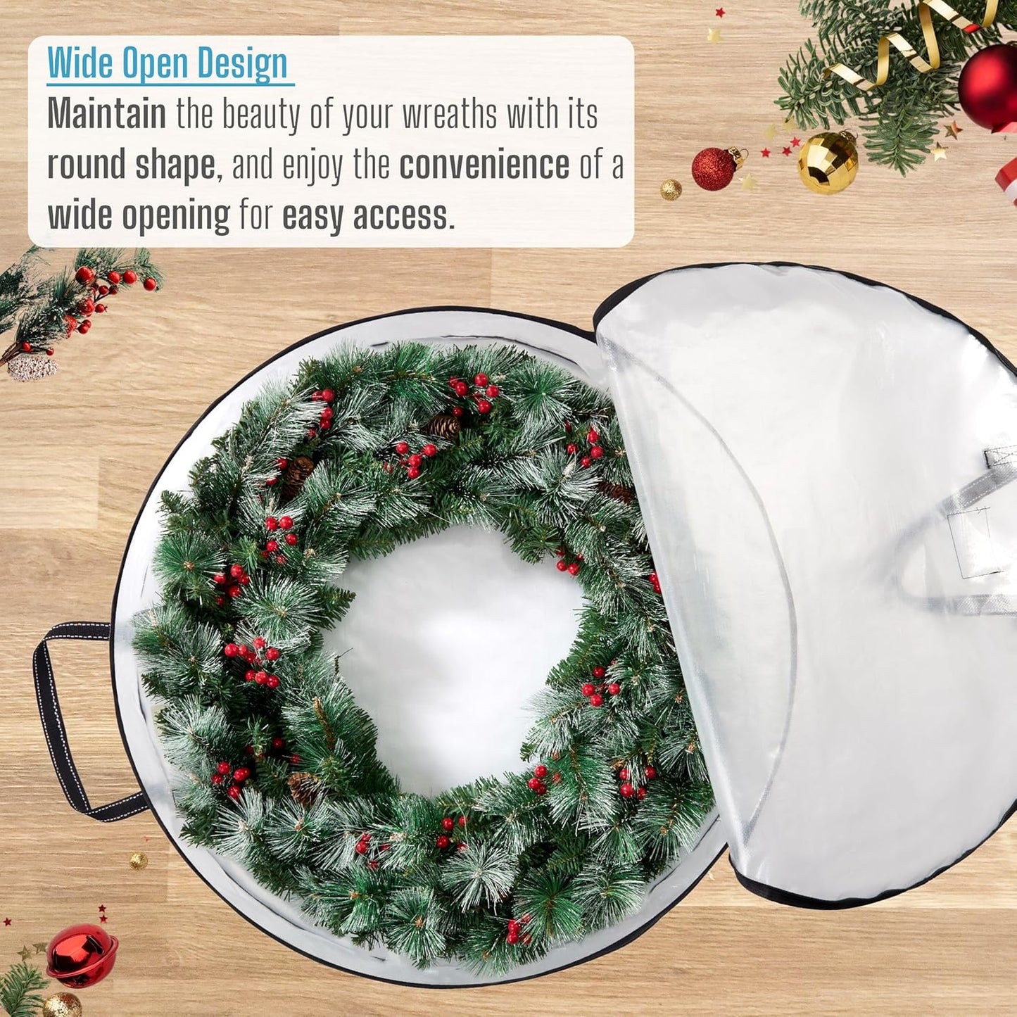 VENO 4 Pack Christmas Wreath Storage Container - 36 Inch Clear Wreath Bag, Christmas Garland and Holiday Decoration Organizers with Zipper and Durable Handles (Clear, 36"-4 Pack)